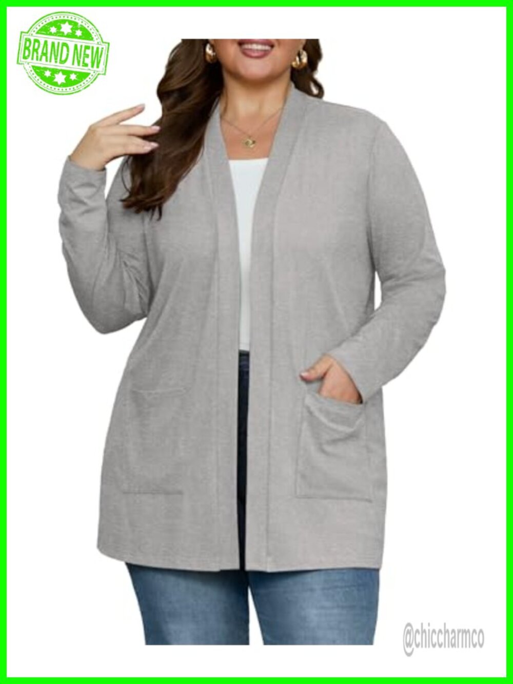 Plus Size Lightweight Cardigan Open Front Pockets Rayon Spandex